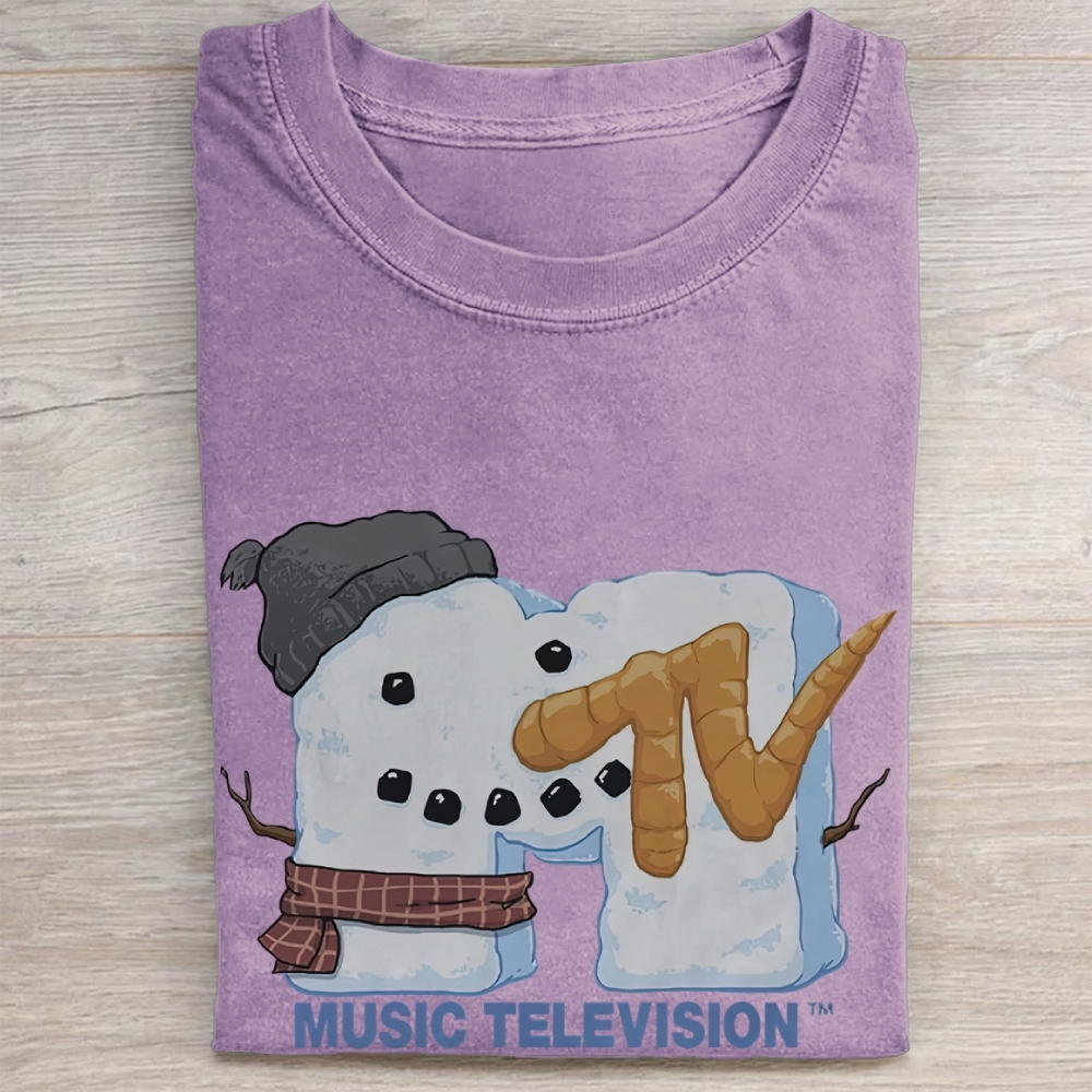 Winter Snowman MTV Logo Graphic Vintage Washed Tee 