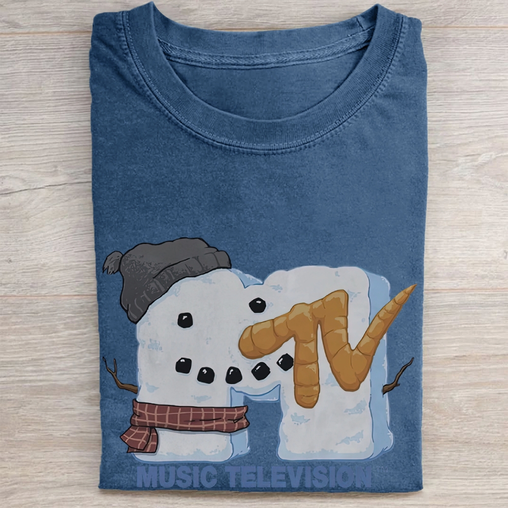Winter Snowman MTV Logo Graphic Vintage Washed Tee 