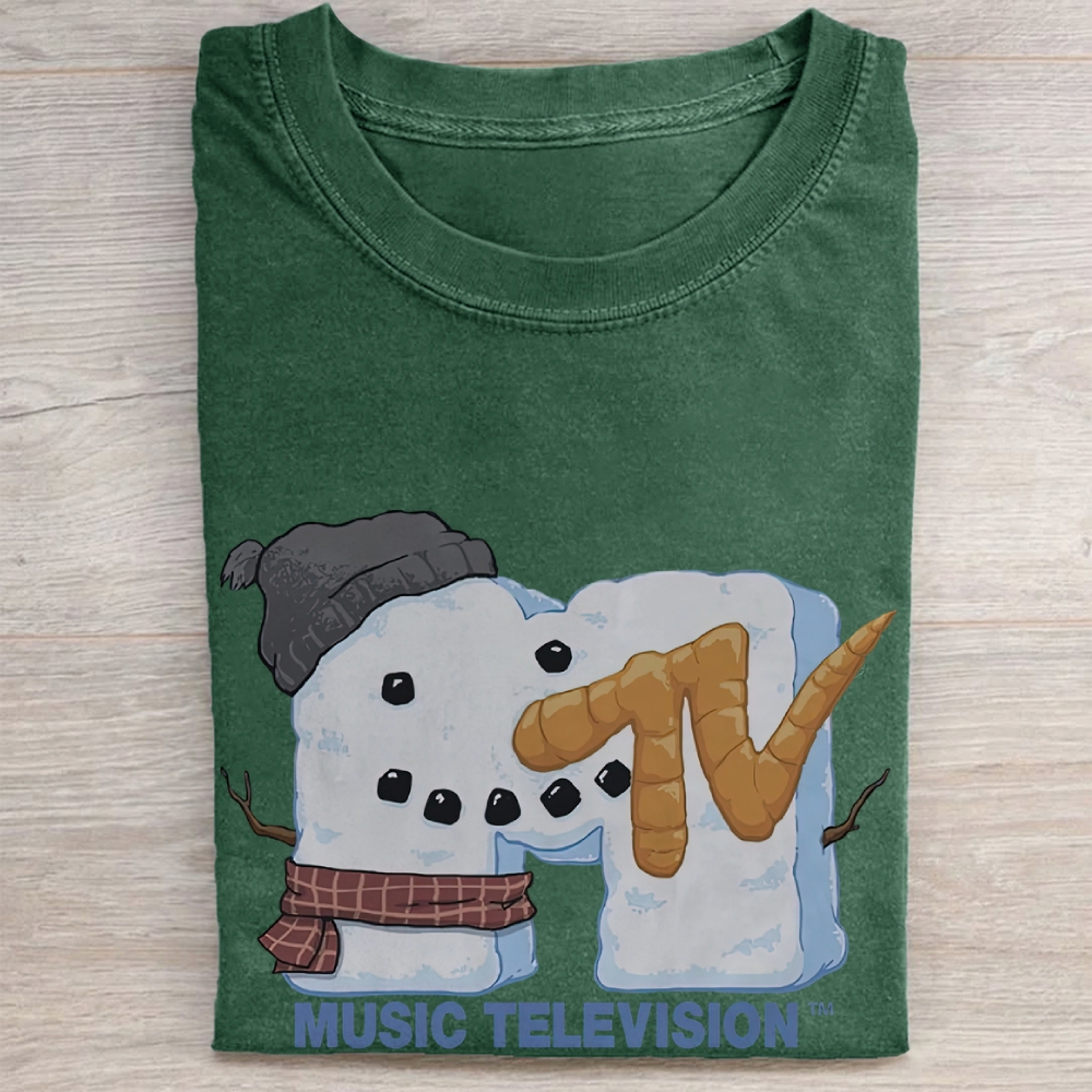 Winter Snowman MTV Logo Graphic Vintage Washed Tee 