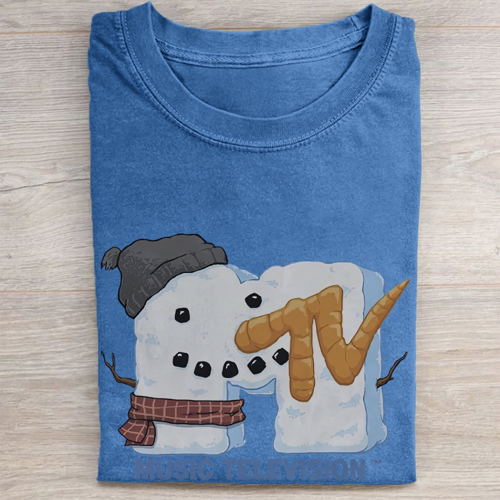 Winter Snowman MTV Logo Graphic Vintage Washed Tee 