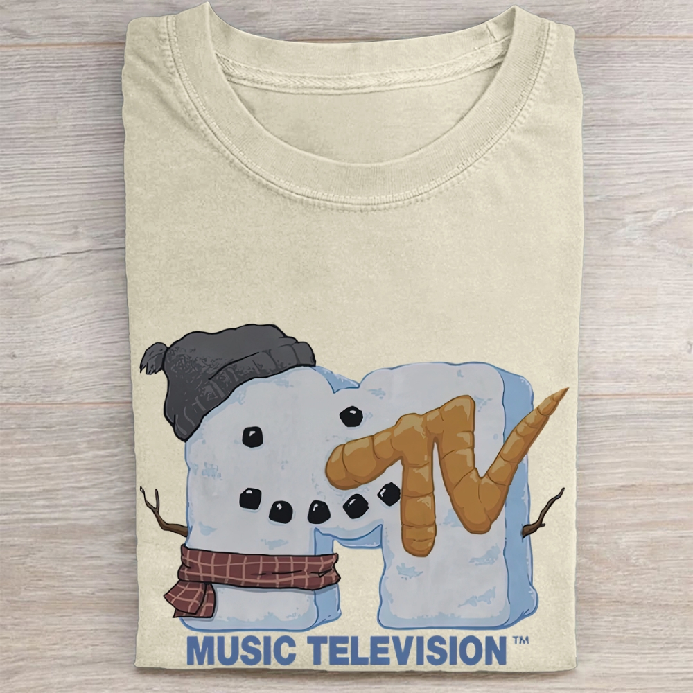 Winter Snowman MTV Logo Graphic Vintage Washed Tee 