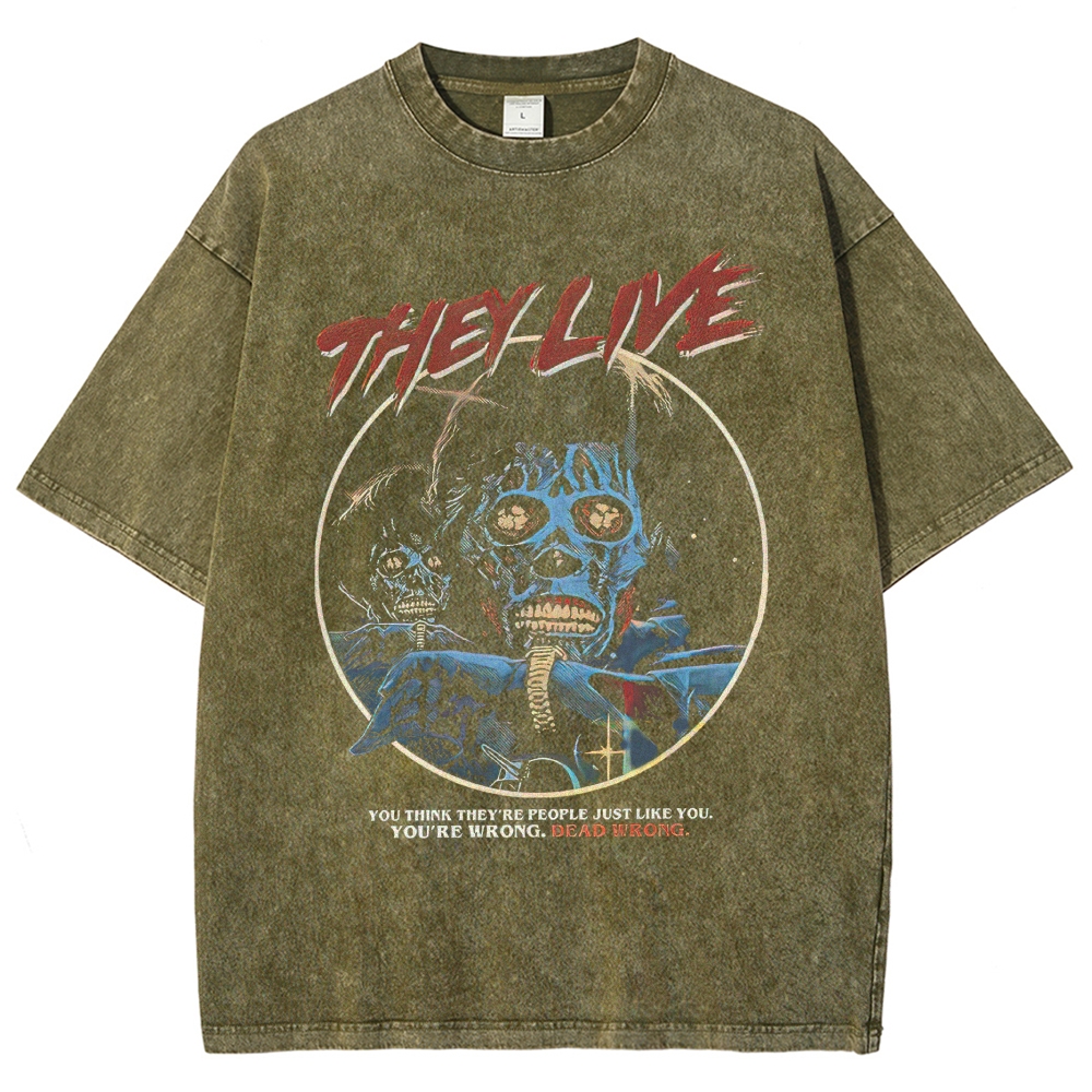Alien Horror Portrait Graphic Vintage Washed T-Shirt 