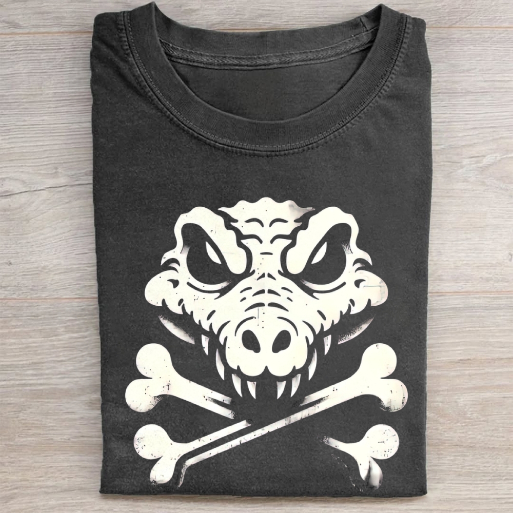 Dinosaur Skull Crossbones Graphic Vintage Washed Tee 