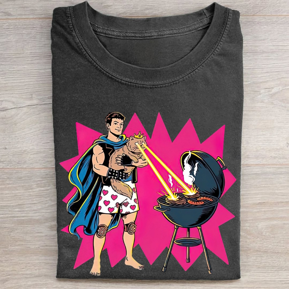 Superhero Cat Laser BBQ Graphic Vintage Washed Tee