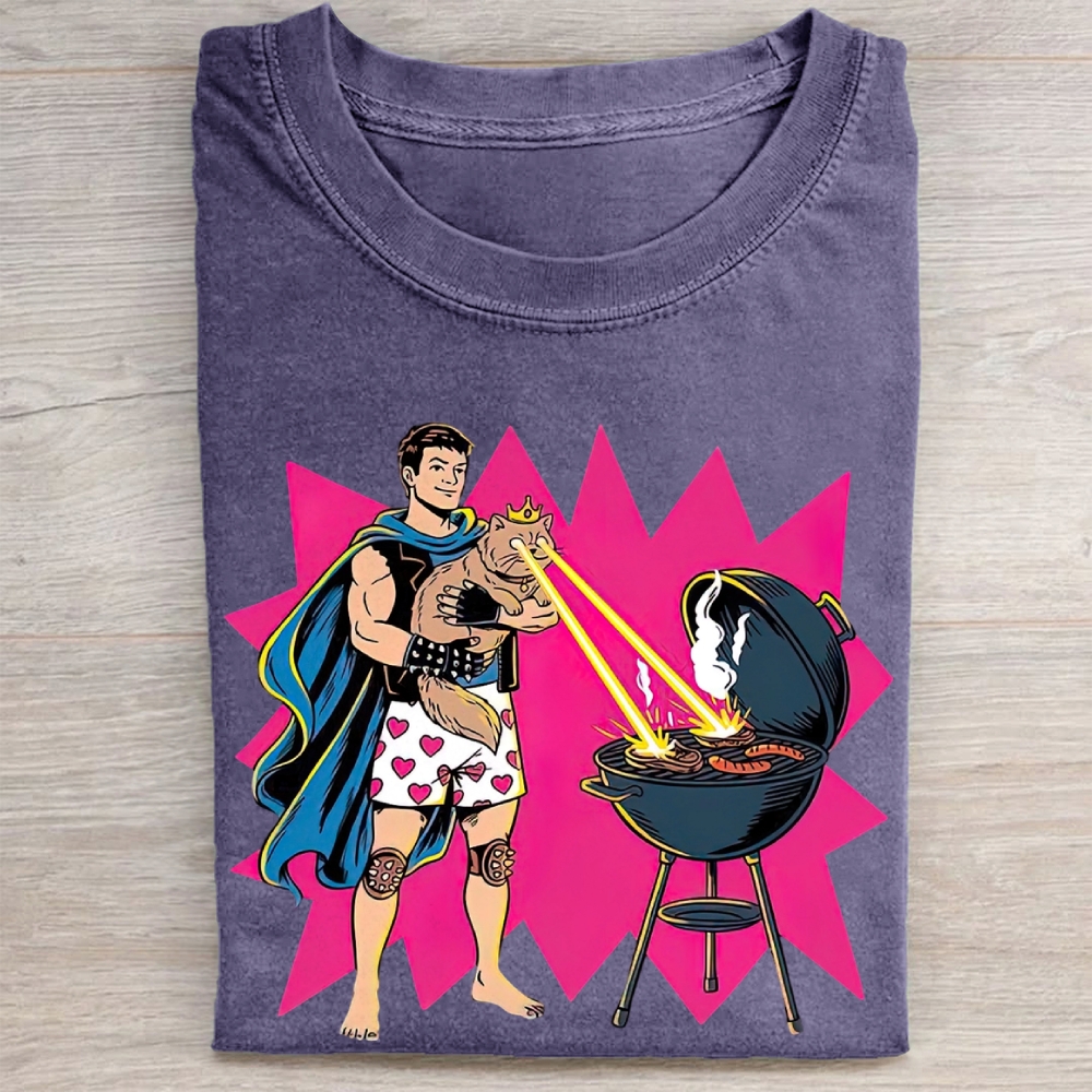 Superhero Cat Laser BBQ Graphic Vintage Washed Tee