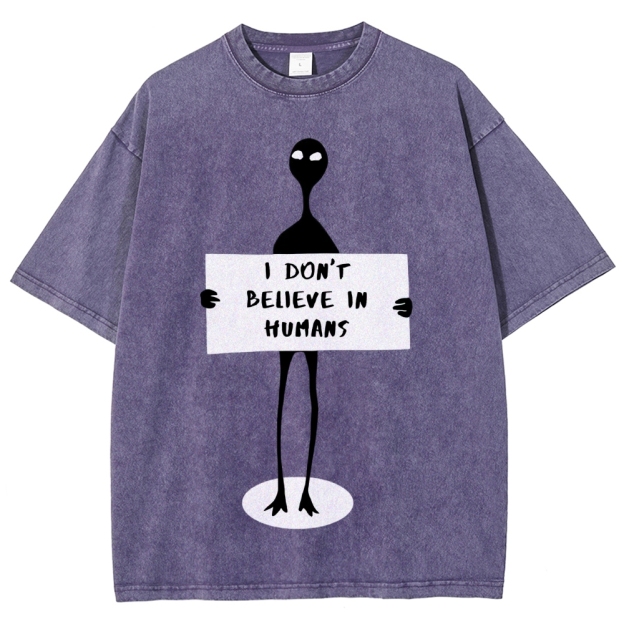 "I Don't Believe In Humans" Alien Graphic Washed T-Shirt