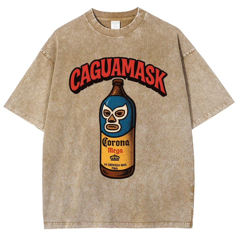 "Caguamask" Beer Lucha Libre Parody Graphic Washed T-Shirt