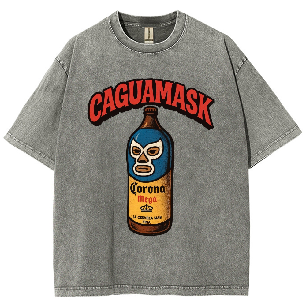 "Caguamask" Beer Lucha Libre Parody Graphic Washed T-Shirt