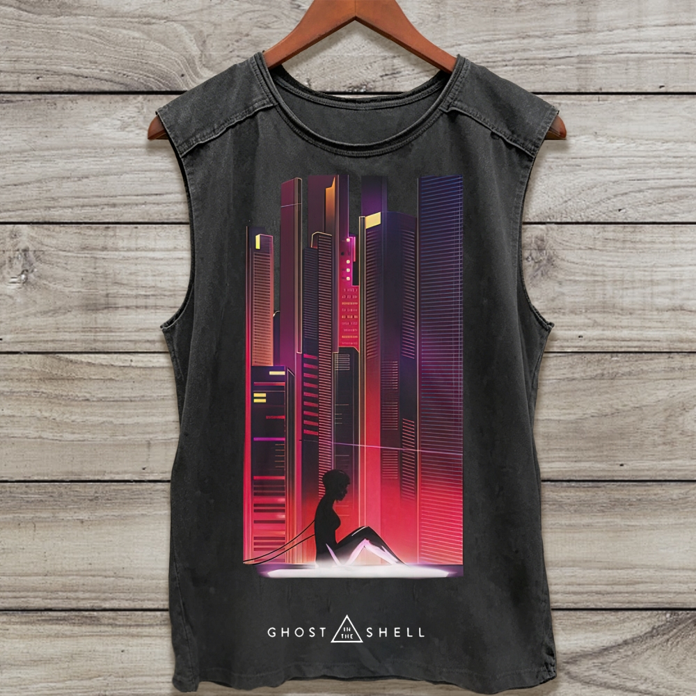 Retro Cyberpunk Cityscape Silhouette Washed Tank Top