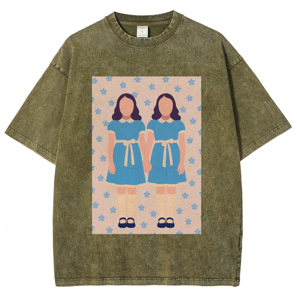 Retro Twin Girls Floral Print Washed T-Shirt