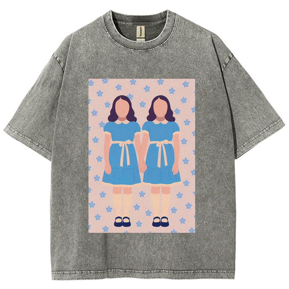 Retro Twin Girls Floral Print Washed T-Shirt