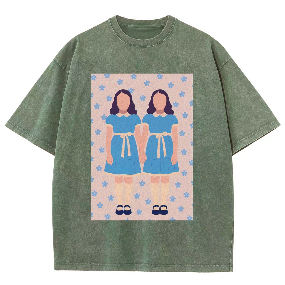Retro Twin Girls Floral Print Washed T-Shirt
