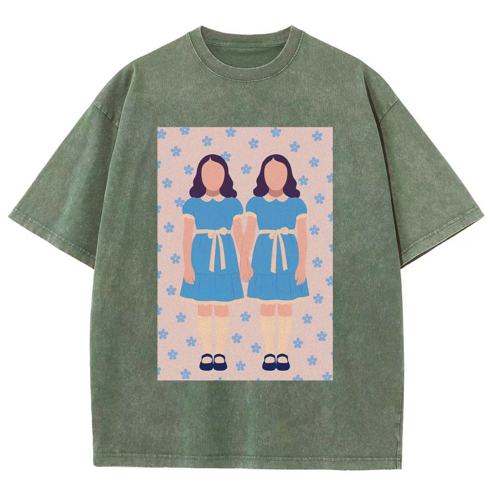 Retro Twin Girls Floral Print Washed T-Shirt