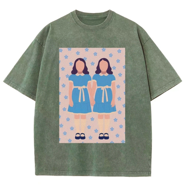 Retro Twin Girls Floral Print Washed T-Shirt