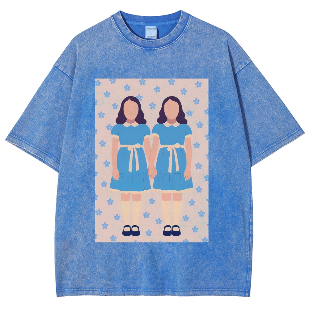 Retro Twin Girls Floral Print Washed T-Shirt