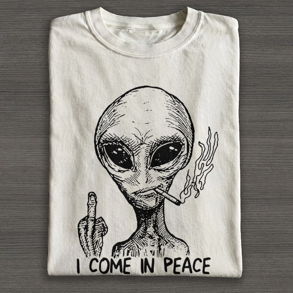 Sketch Alien Smoking Middle Finger "I Come In Peace" Graphic Cotton T-shirt