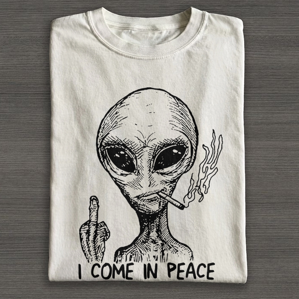 Sketch Alien Smoking Middle Finger "I Come In Peace" Graphic Cotton T-shirt
