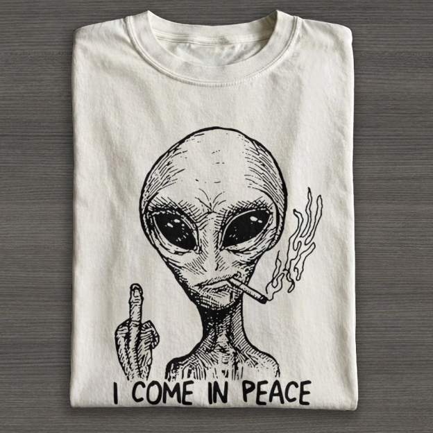 Sketch Alien Smoking Middle Finger "I Come In Peace" Graphic Cotton T-shirt