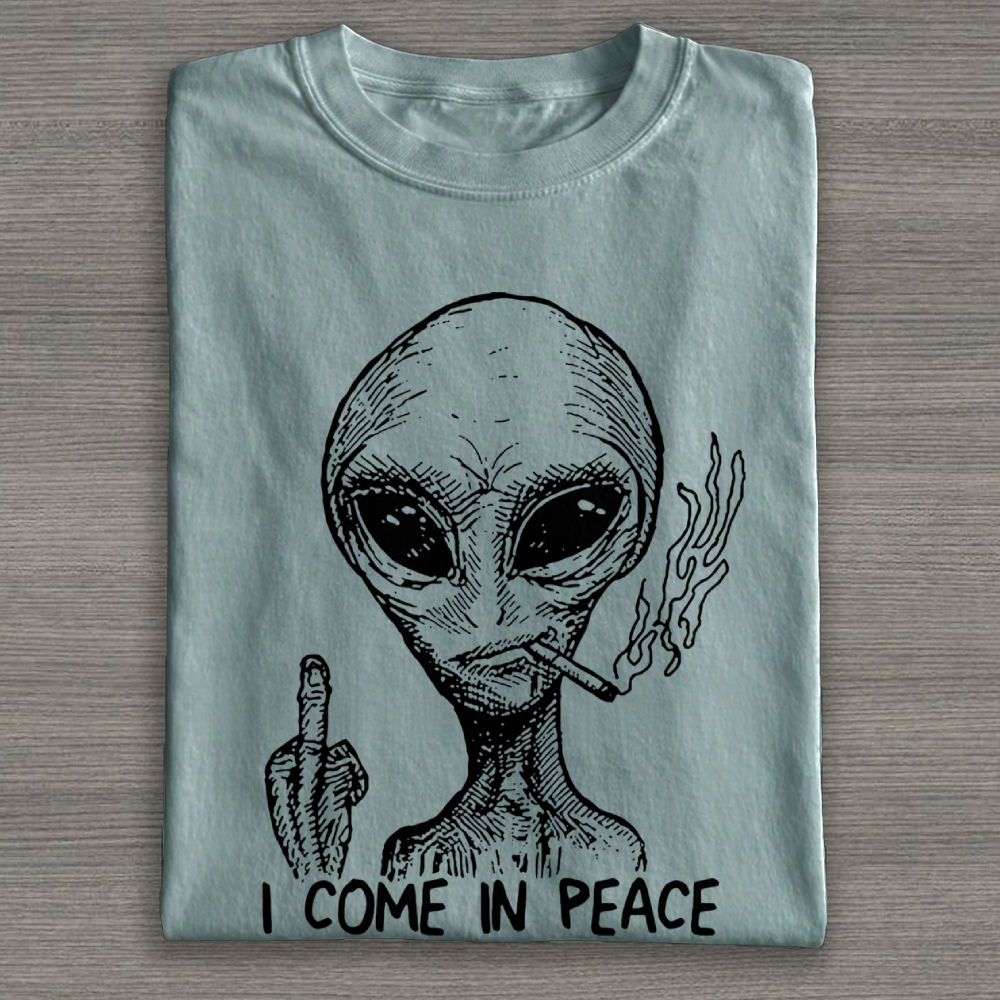 Sketch Alien Smoking Middle Finger "I Come In Peace" Graphic Cotton T-shirt