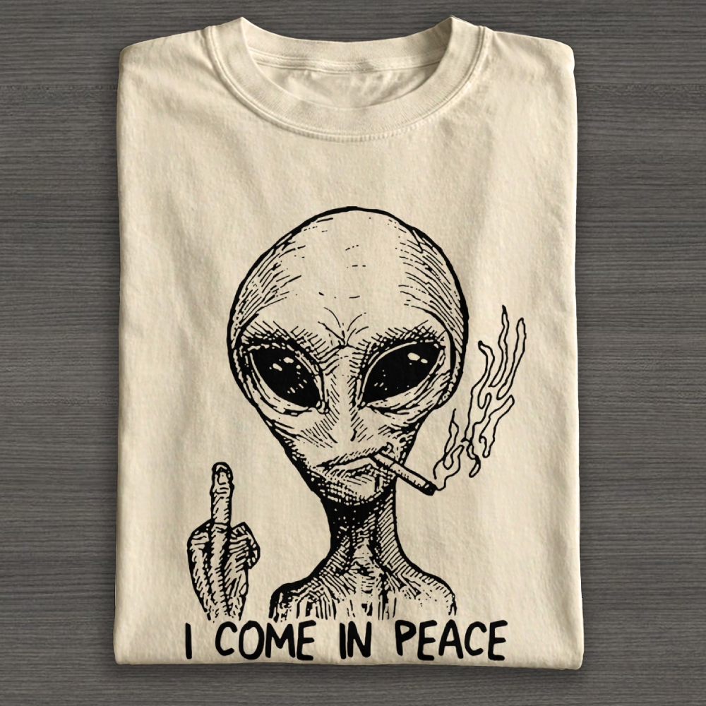 Sketch Alien Smoking Middle Finger "I Come In Peace" Graphic Cotton T-shirt
