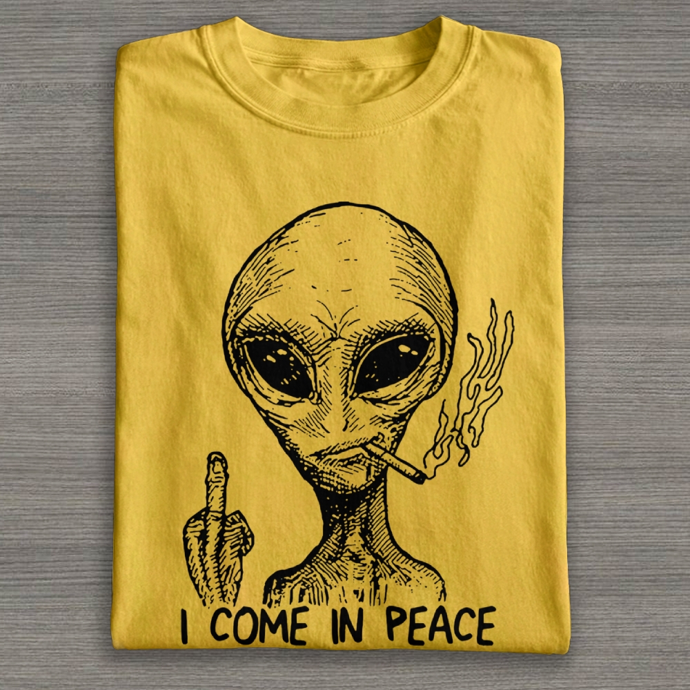 Sketch Alien Smoking Middle Finger "I Come In Peace" Graphic Cotton T-shirt