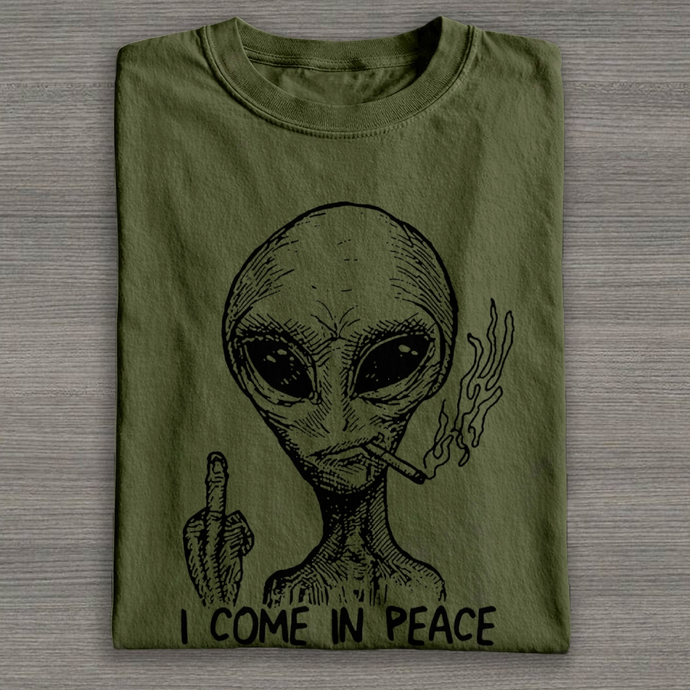 Sketch Alien Smoking Middle Finger "I Come In Peace" Graphic Cotton T-shirt