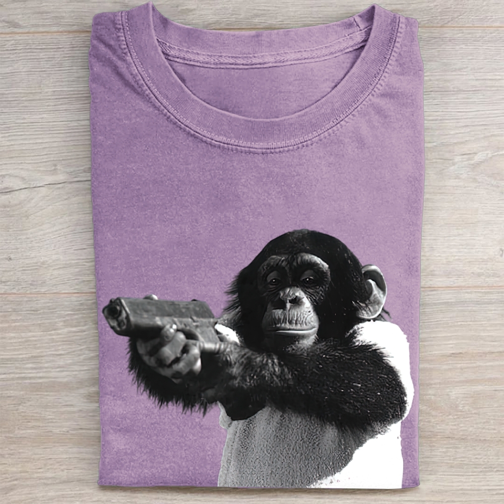 Black White Chimpanzee Holding Pistol Dark Realistic Graphic Vintage Washed Tee
