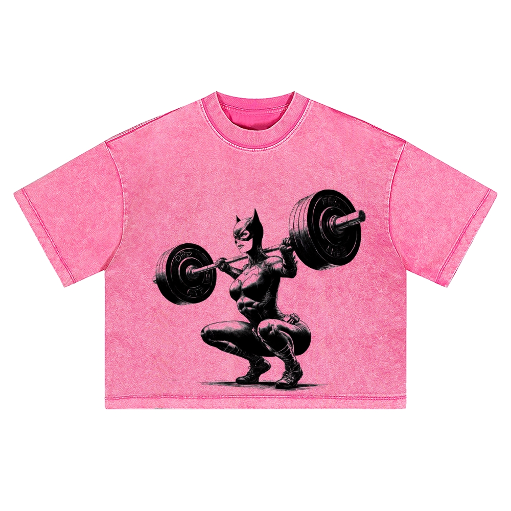Muscular Cat Woman Squat Barbell Gym Graphic Washed Cropped T-Shirt 