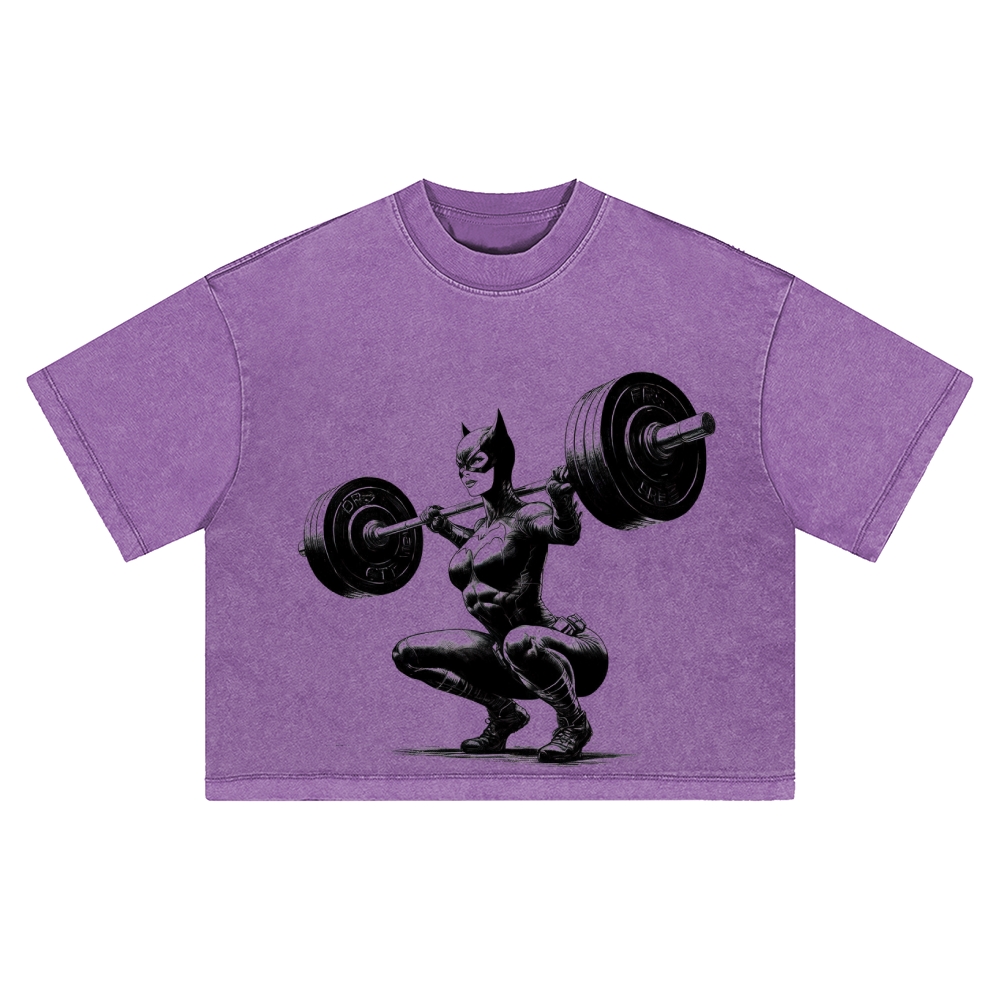 Muscular Cat Woman Squat Barbell Gym Graphic Washed Cropped T-Shirt 