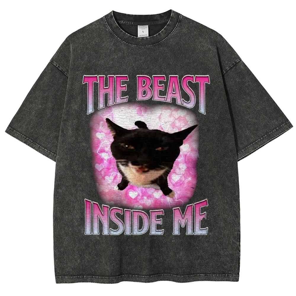 Black Cat Meme "The Beast Inside Me" Gradient Text Graphic Washed T-Shirt