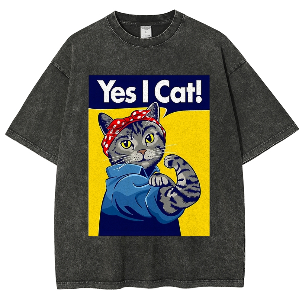 Rosie The Riveter Parody "Yes I Cat" Muscular Tabby Cat Graphic Washed T-Shirt