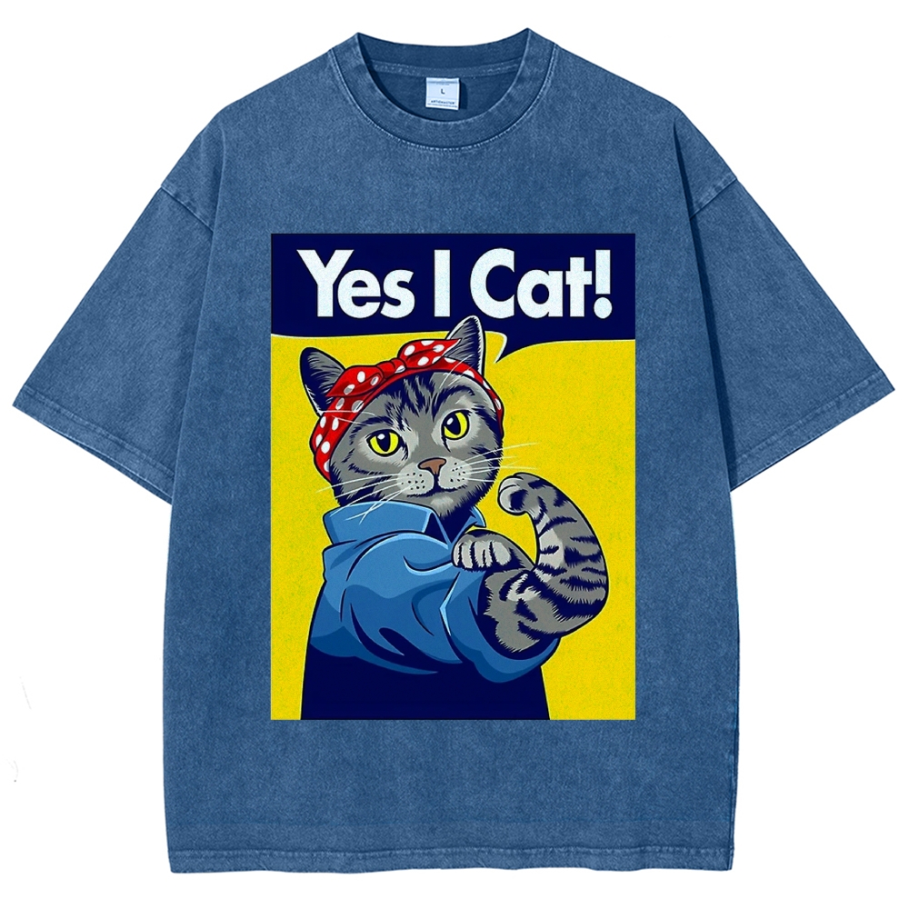 Rosie The Riveter Parody "Yes I Cat" Muscular Tabby Cat Graphic Washed T-Shirt