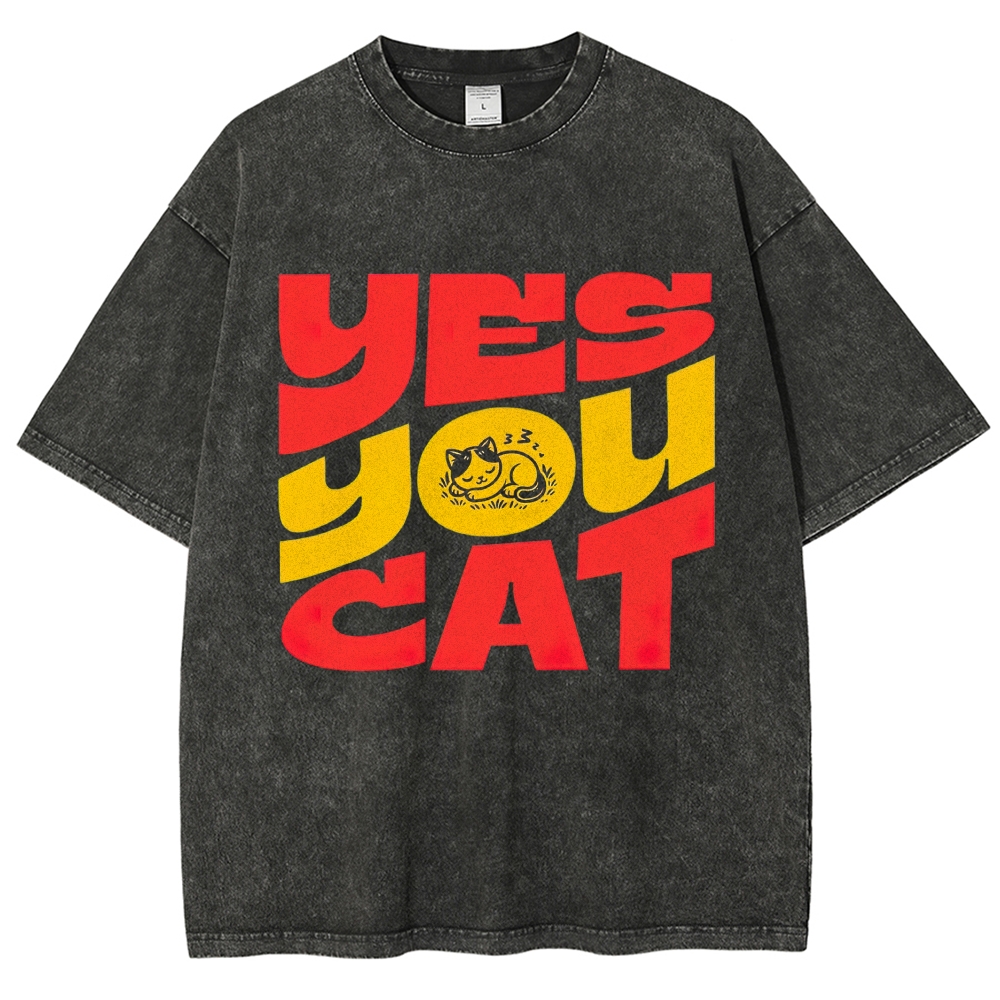 BoldRed Yellow Block Letter "Yes You Cat" Napping Kitten Graphic Washed T-Shirt 