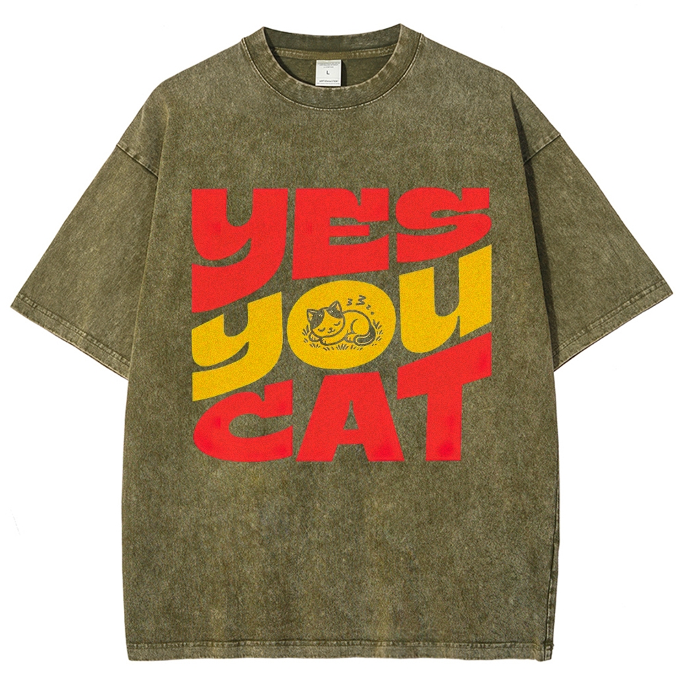 BoldRed Yellow Block Letter "Yes You Cat" Napping Kitten Graphic Washed T-Shirt 