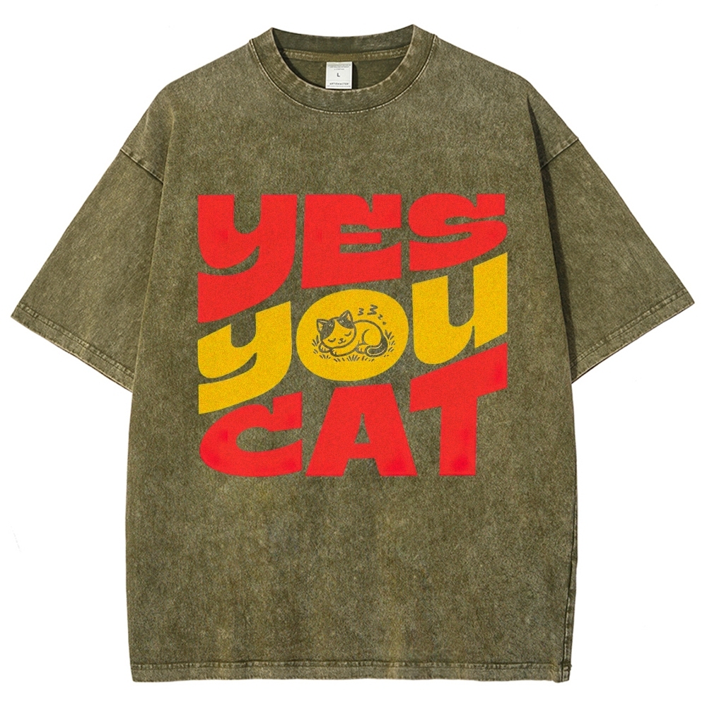 BoldRed Yellow Block Letter "Yes You Cat" Napping Kitten Graphic Washed T-Shirt 