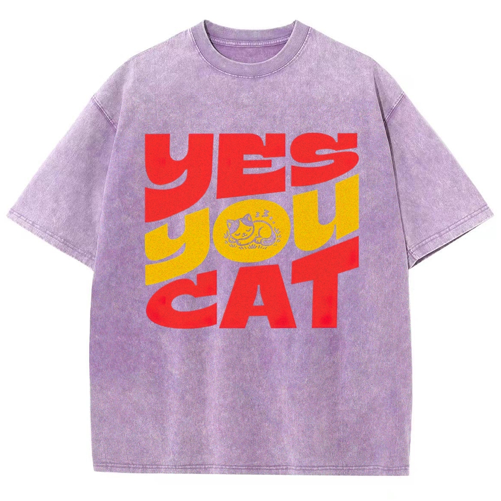 BoldRed Yellow Block Letter "Yes You Cat" Napping Kitten Graphic Washed T-Shirt 