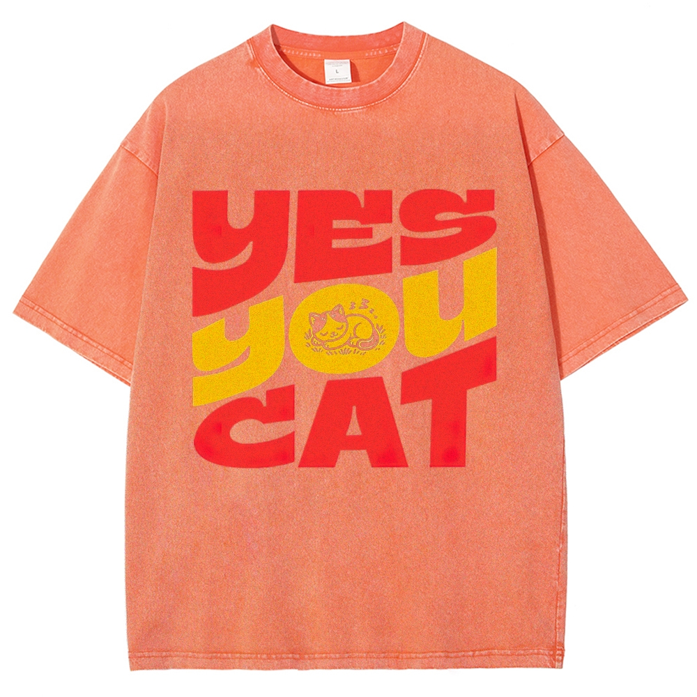 BoldRed Yellow Block Letter "Yes You Cat" Napping Kitten Graphic Washed T-Shirt 