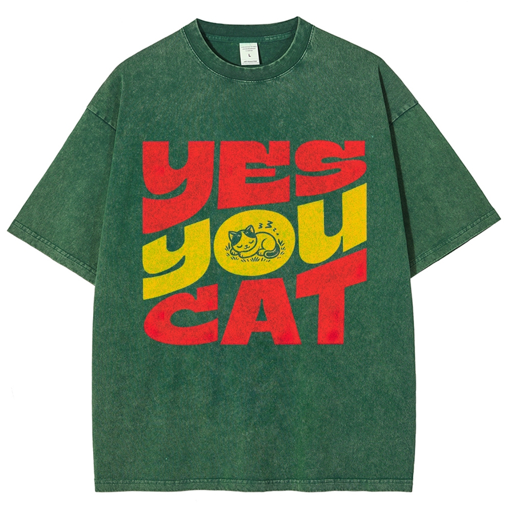 BoldRed Yellow Block Letter "Yes You Cat" Napping Kitten Graphic Washed T-Shirt 