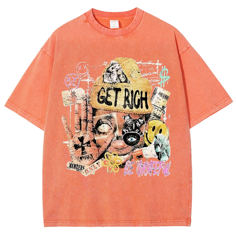 Collage Graffiti "Get Rich Be Grateful" Graphic Washed T-Shirt 