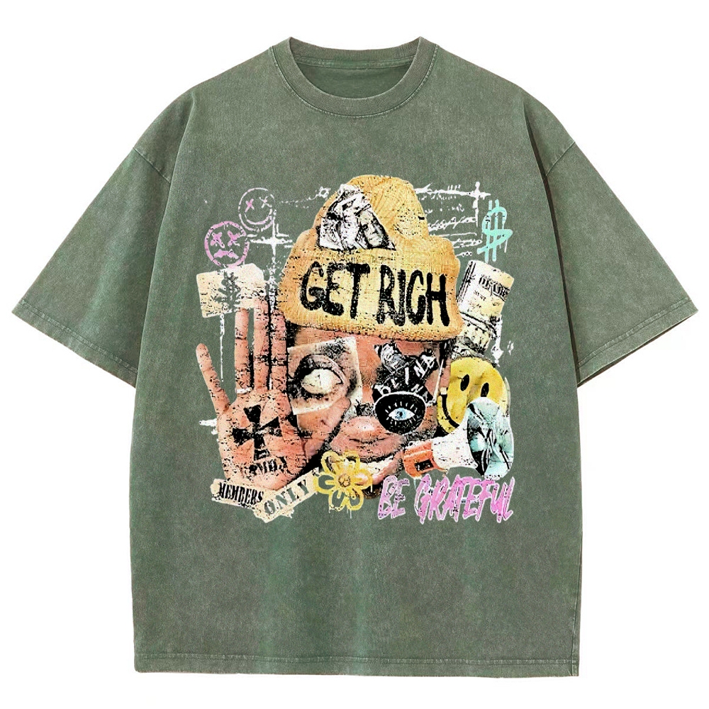 Collage Graffiti "Get Rich Be Grateful" Graphic Washed T-Shirt 