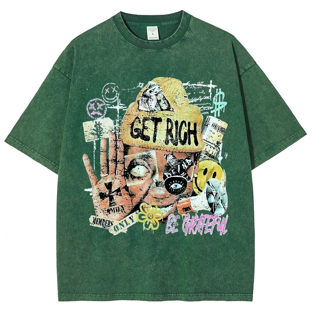 Collage Graffiti "Get Rich Be Grateful" Graphic Washed T-Shirt 
