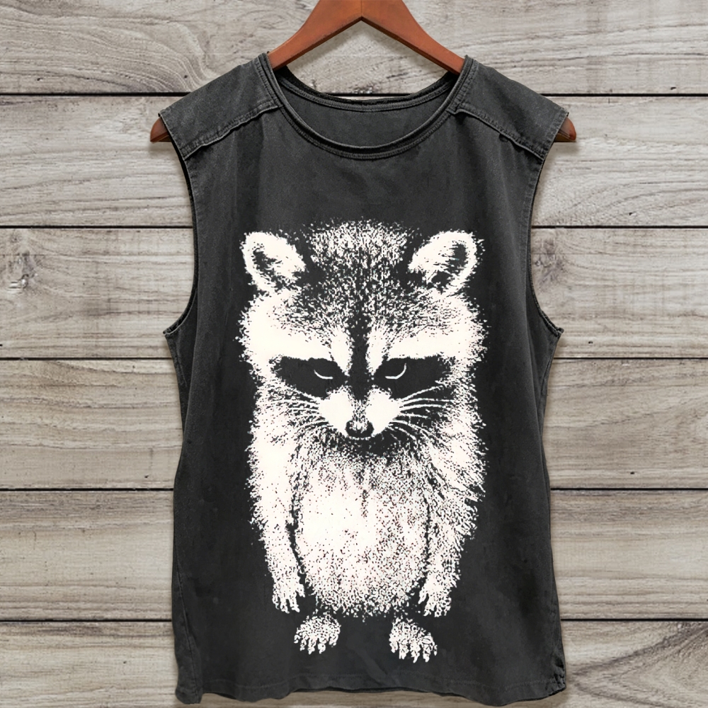 Charcoal Washed Stippling Sketch Standing Raccoon Oversized Graphic Washed Tank Top