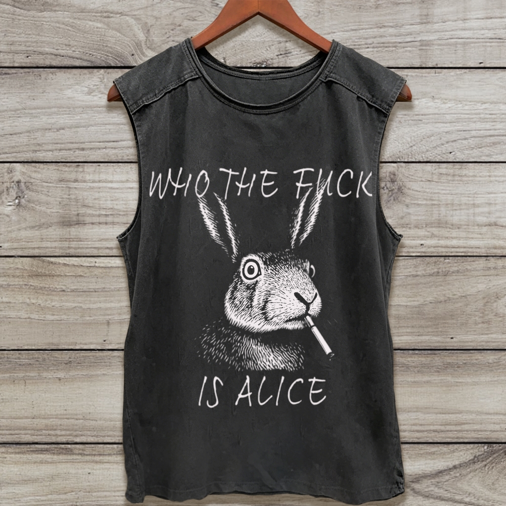 Sketch Smoking Rabbit "Who The Fuck Is Alice" Dark Humor Sleeveless Washed Tank Top