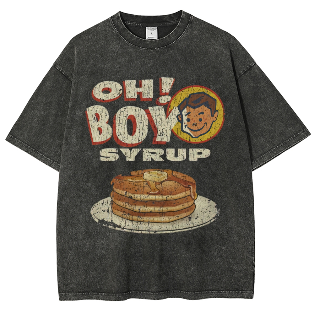 Retro Pancake "Oh Boy Syrup" Cracked Print Sleeveless Washed T-Shirt