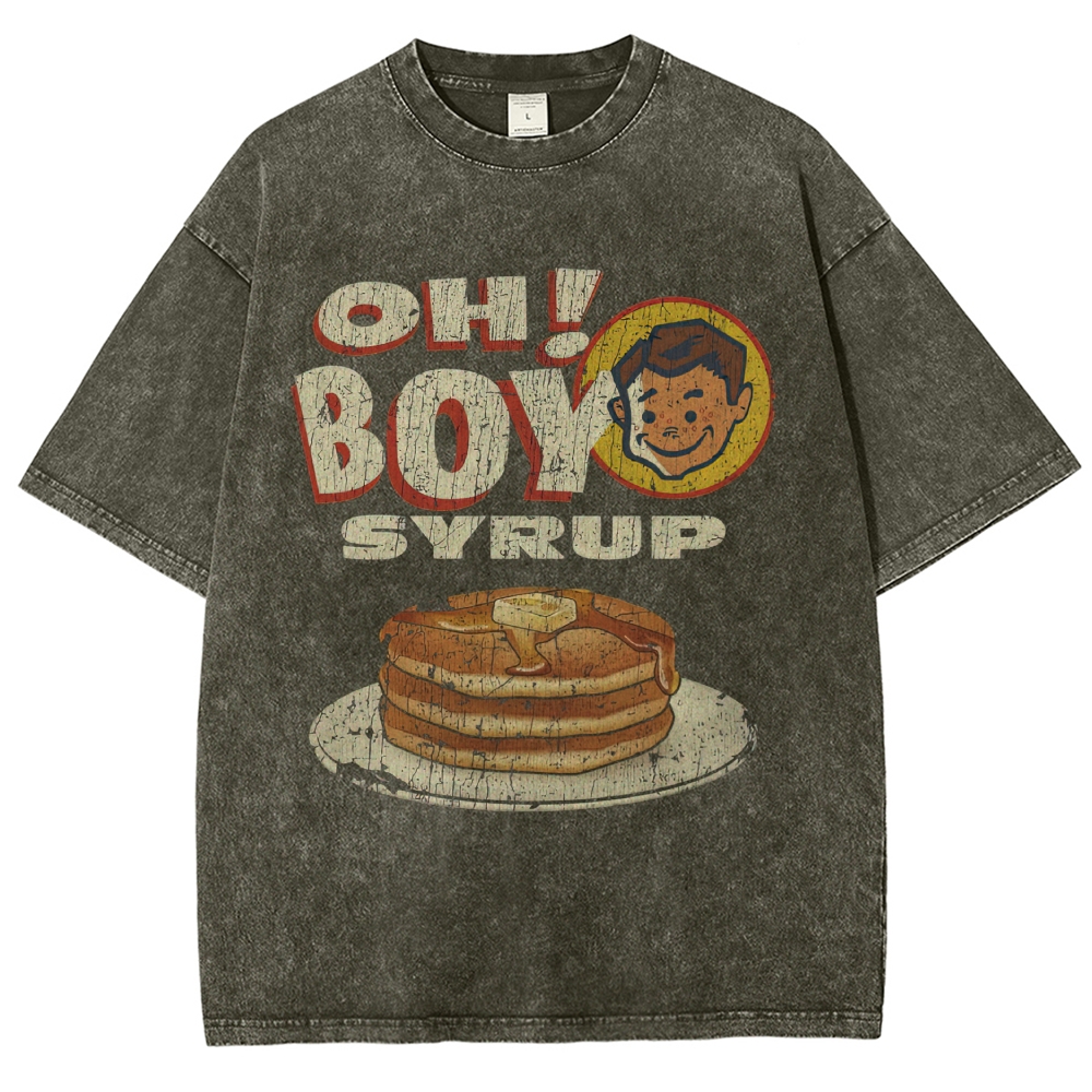 Retro Pancake "Oh Boy Syrup" Cracked Print Sleeveless Washed T-Shirt