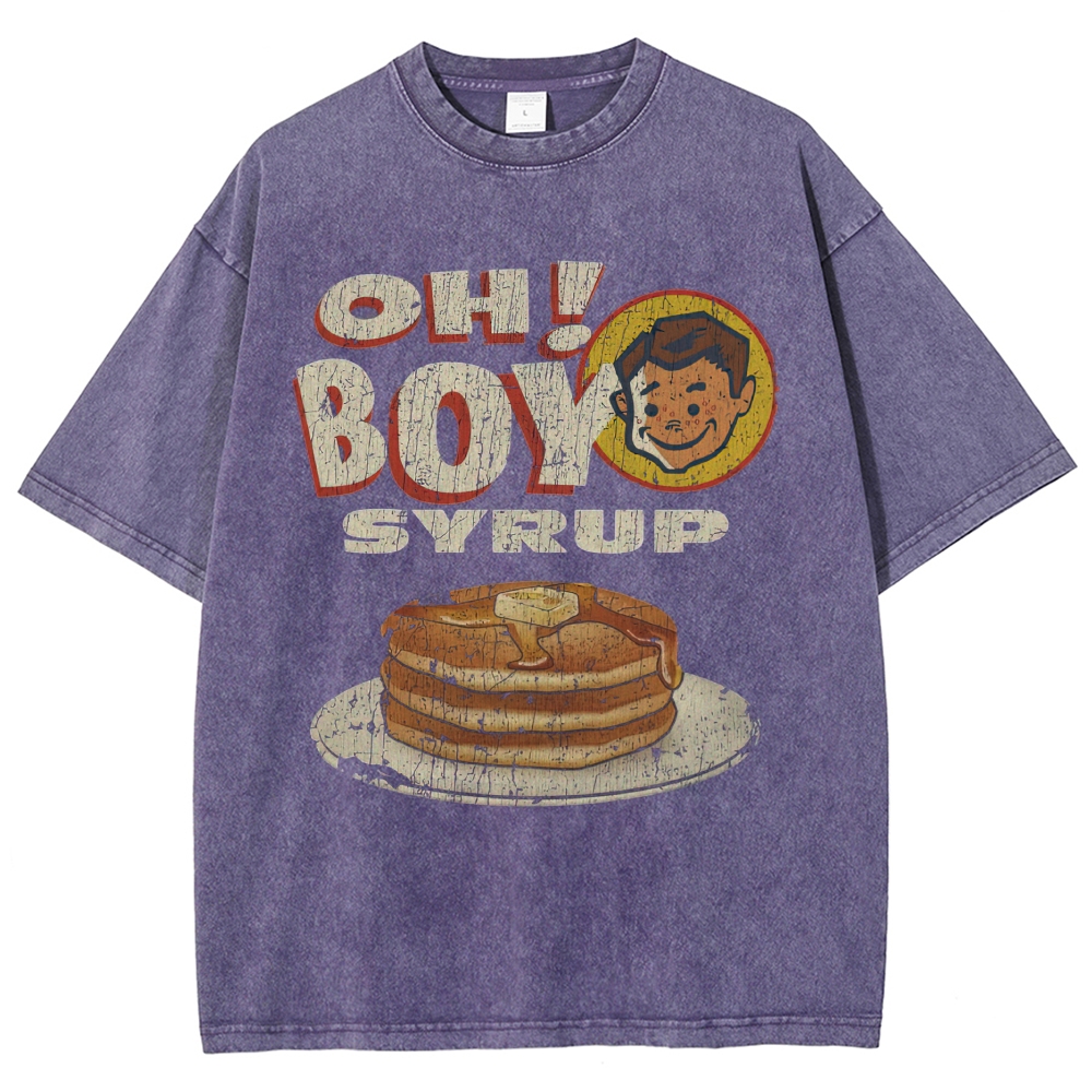 Retro Pancake "Oh Boy Syrup" Cracked Print Sleeveless Washed T-Shirt