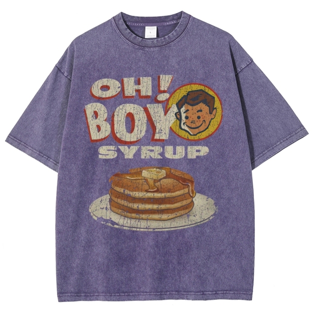 Retro Pancake "Oh Boy Syrup" Cracked Print Sleeveless Washed T-Shirt