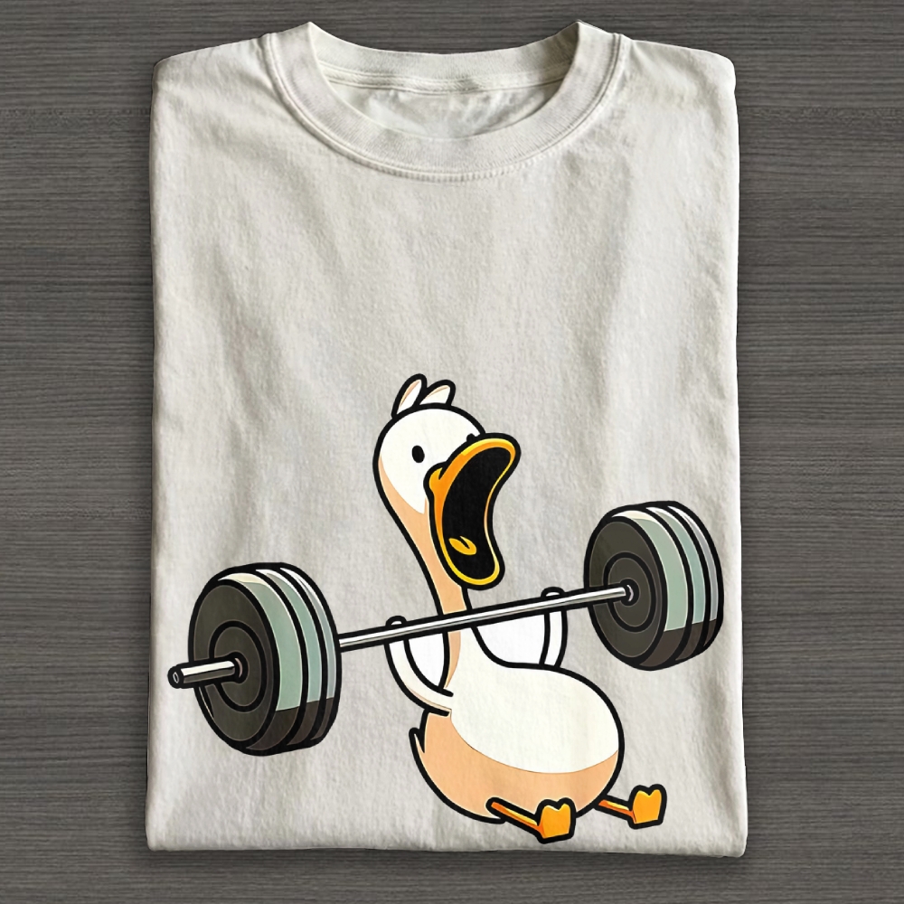 Cute Cartoon Lifting Barbell Goose Gym Funny Graphic Basic Cotton T-shirt 