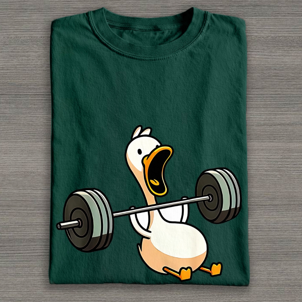 Cute Cartoon Lifting Barbell Goose Gym Funny Graphic Basic Cotton T-shirt 