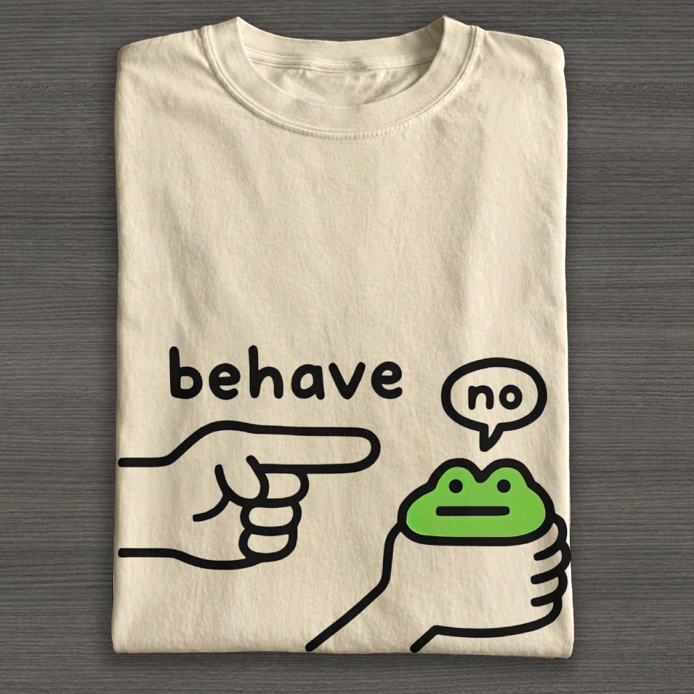 Minimal Line Art Pointing Hand Frog "Behave No" Cute Sarcastic Graphic Cotton T-shirt 